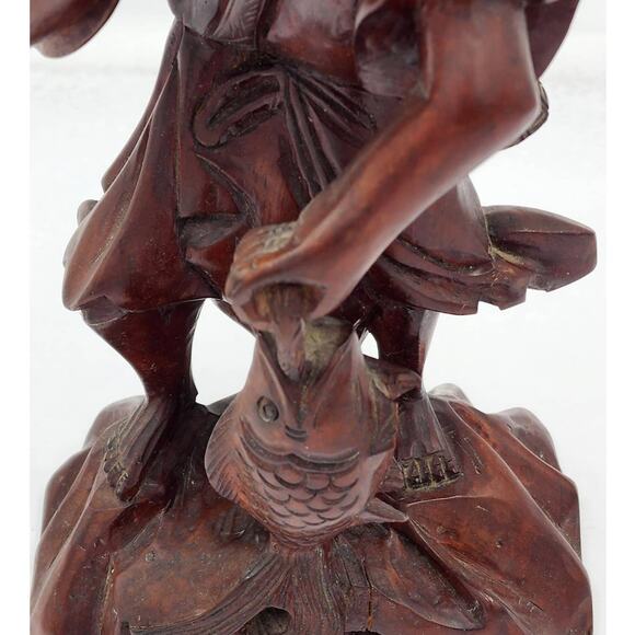 Vintage Asian Chinese Fisherman Hand Carved Wooden Sculpture Sage Elder Fish 12" - Picture 11 of 16